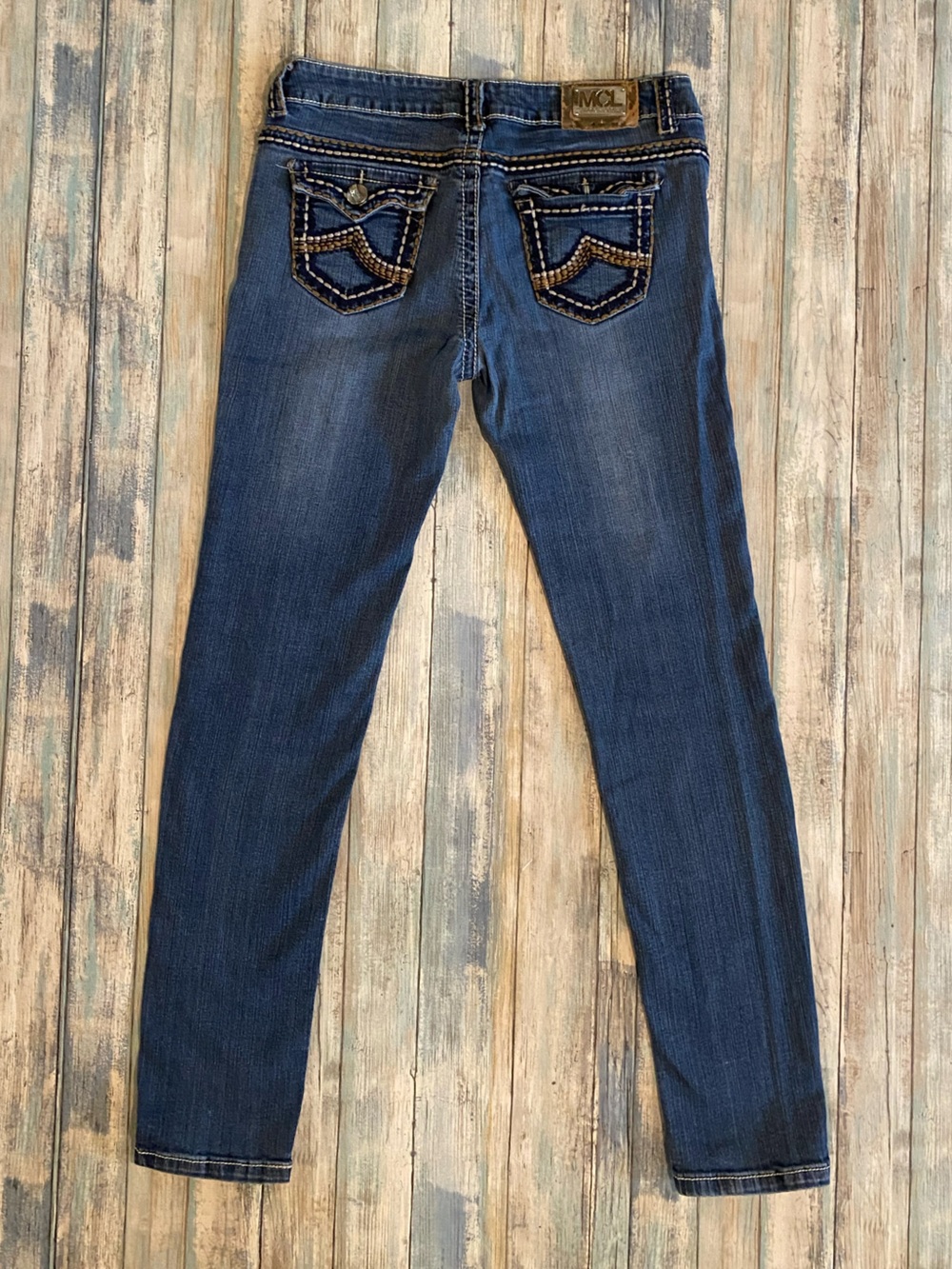 Miss Chic Y2K Dark Wash Embroidered Flap Pocket Bootcut Jeans Contrast Stitching